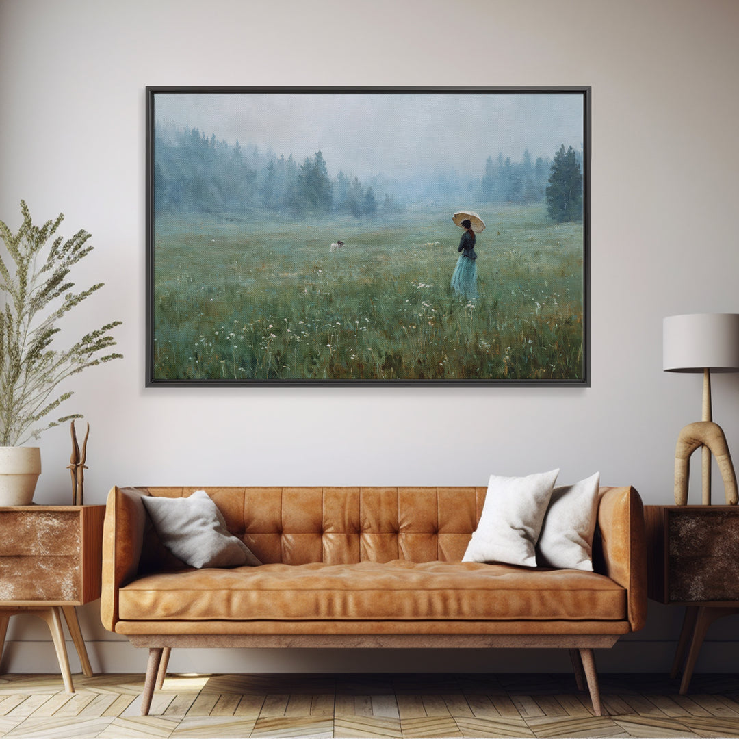 Woman with Parasol in Breezy Meadow Framed Canvas Print, Impressionist Art, Luxury Decor, Living Room Decor, Impression, IMP-3x2-79