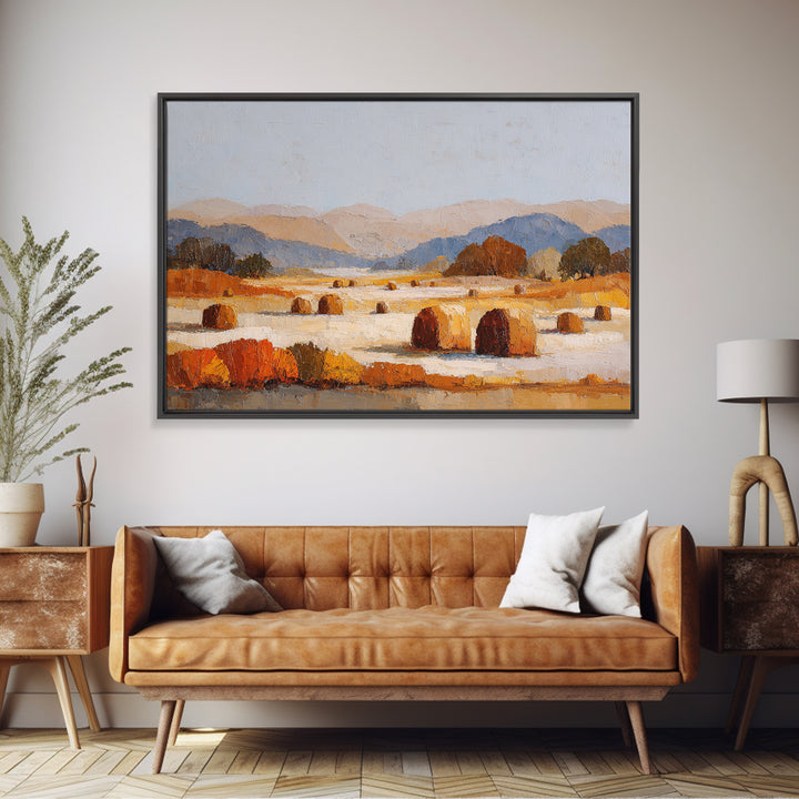 Haystacks Glowing at Golden Hour Framed Canvas Print, Impressionist Art, Floral Wall Art, Living Room Decor, Oil Painting, IMP-3x2-8