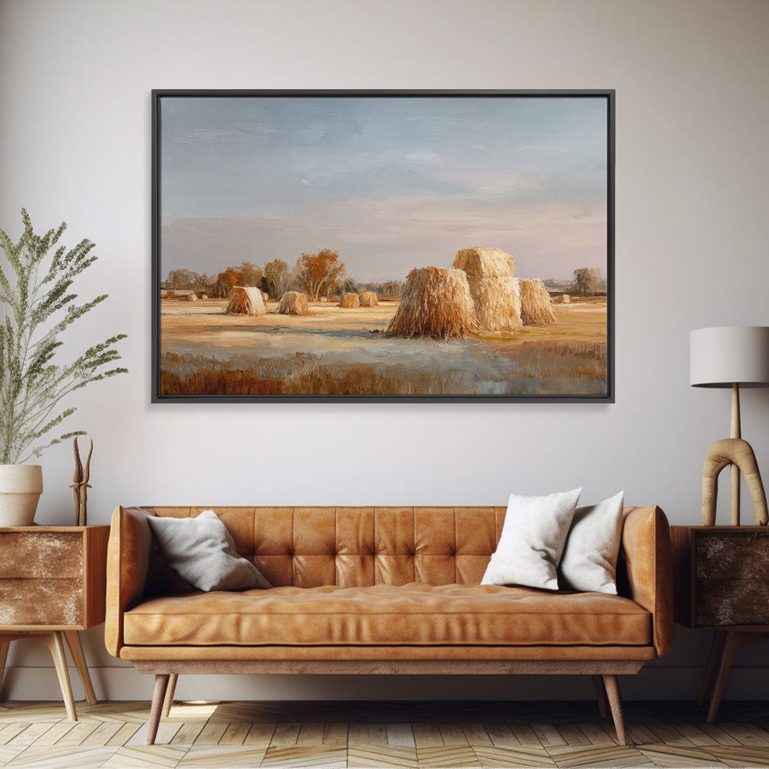 Haystacks Glowing at Golden Hour Framed Canvas Print, Impressionist Art, Living Room Decor, Watercolor Art, Impression, IMP-3x2-80