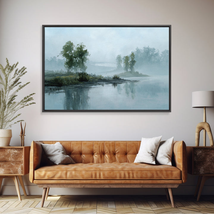 Misty Riverbank with Willow Trees Framed Canvas Print, Impressionist Art, Wall Decor, Living Room Decor, Fine Art, Impression, IMP-3x2-87