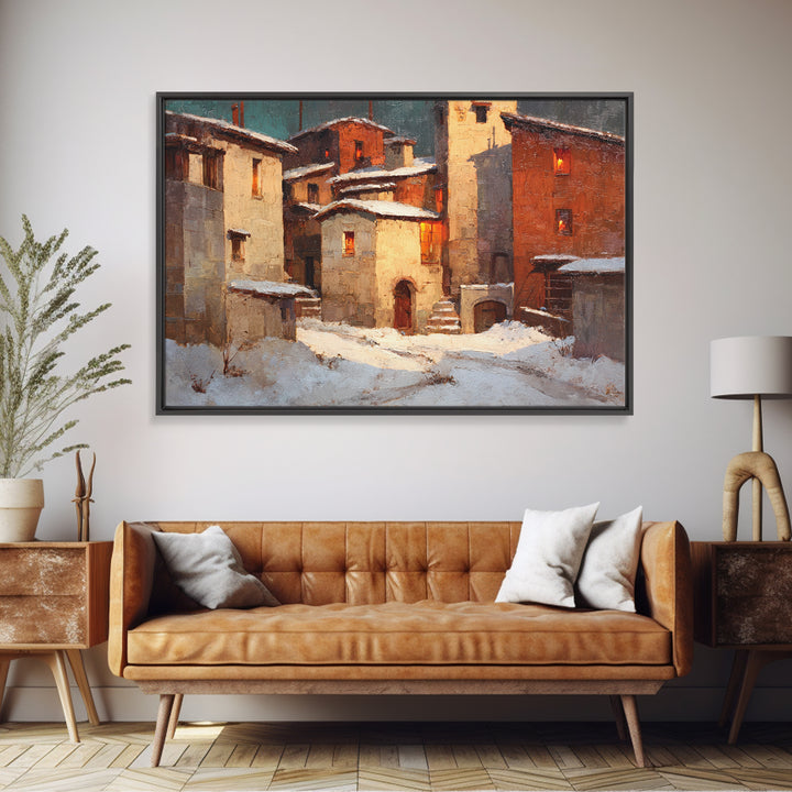 Snowy Village with Warm Glowing Windows Canvas Print, Impressionist Art, Boho Decor, Living Room Decor, Oil Painting, IMP-3x2-89