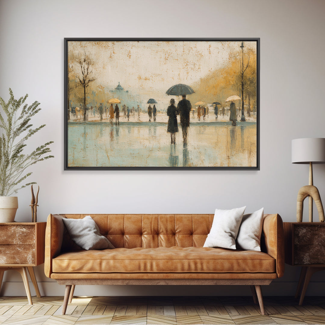 Rainy Boulevard with Umbrella Shapes Framed Canvas Print, Impressionist Art, Luxury Decor, Living Room Decor, Abstract Art, IMP-3x2-97