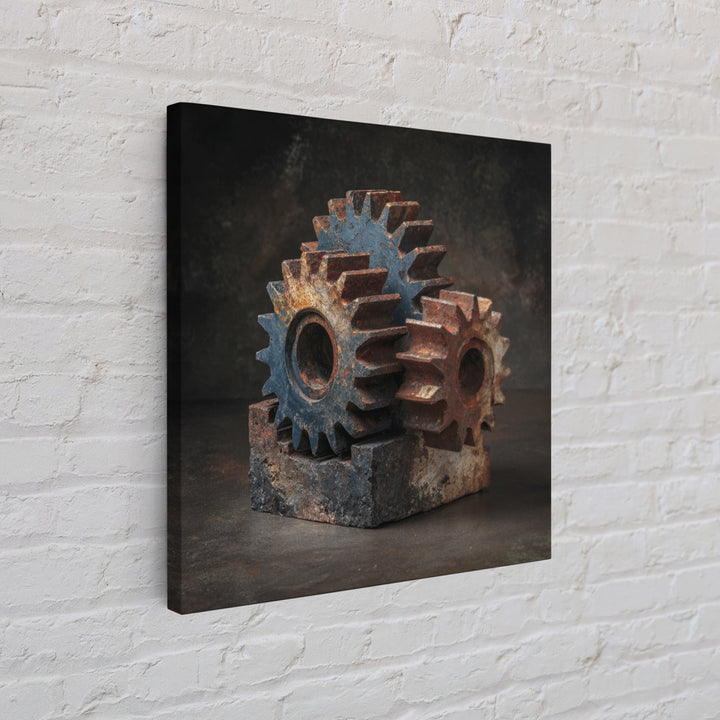 Rusted Gears Arranged as Sculptural Still Life Framed Canvas Print, Industrial Art, Room Decor, Living Room Decor, Foundry, IND-1x1-1