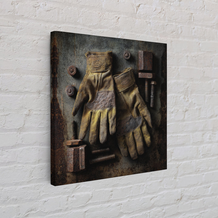 Worn Work Gloves and Bolts Arrangement Canvas Print, Industrial Art, Rustic Home Decor, Living Room Decor, Fine Art, Foundry, IND-1x1-18