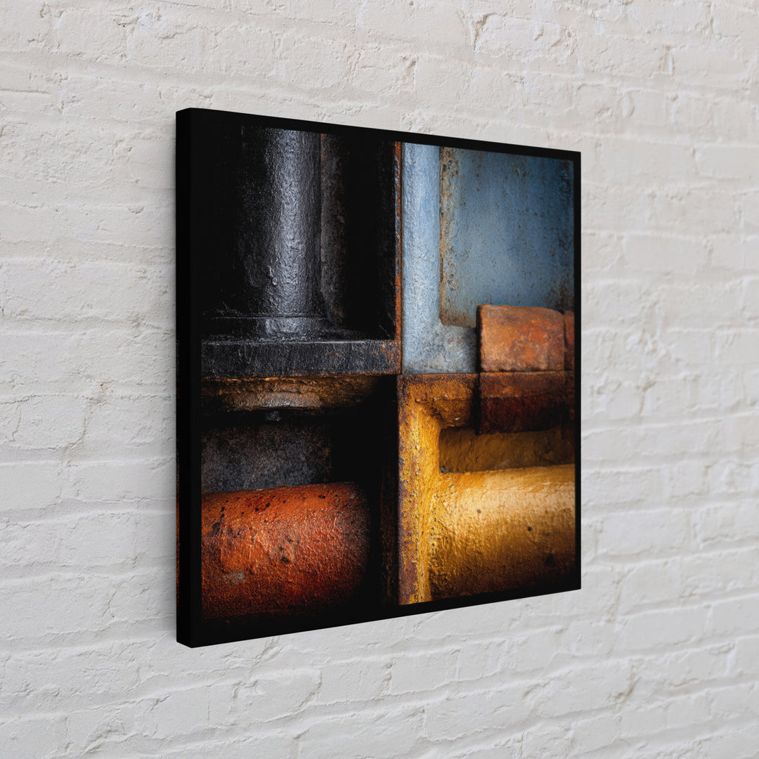 Metal Pipes and Valves as Graphic Composition Framed Canvas Print, Industrial Art, Gallery Decor, Living Room Decor, Foundry, IND-1x1-32