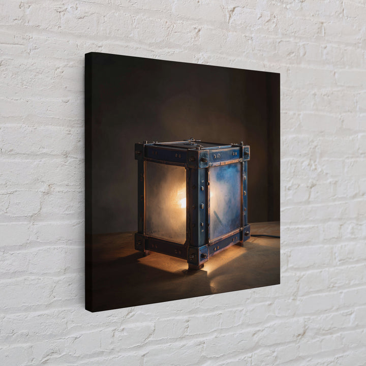 Industrial Lamp with Warm Glow Framed Canvas Print, Industrial Art, Metal Art, Living Room Decor, Foundry, Gallery Decor, IND-1x1-47