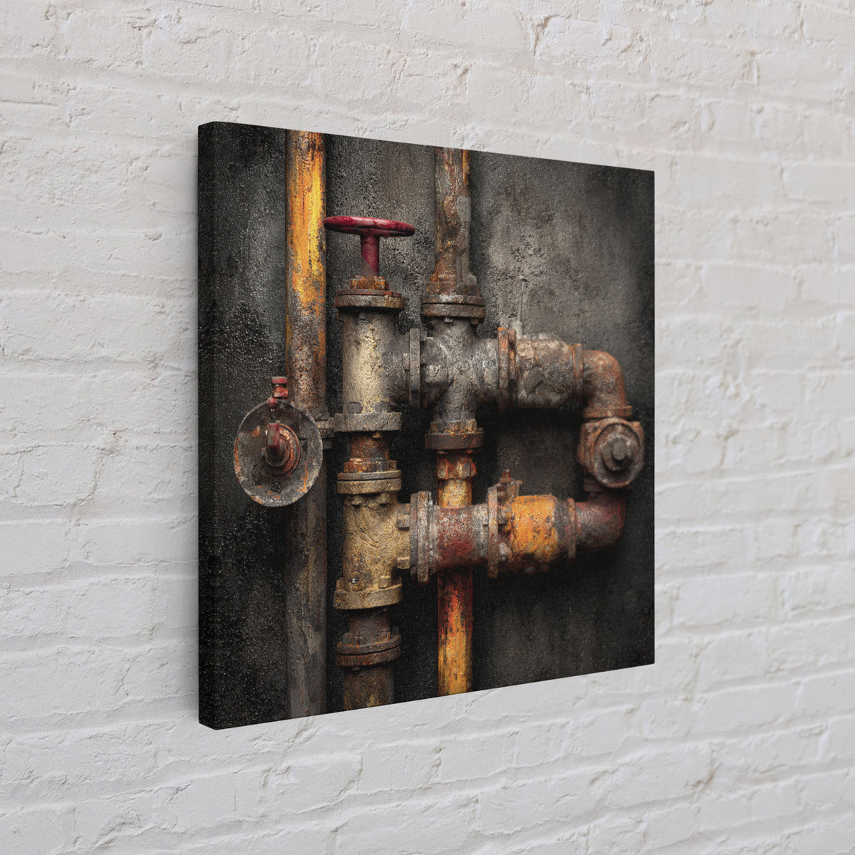 Metal Pipes and Valves as Graphic Composition Framed Canvas Print, Industrial Art, Wall Hanging, Living Room Decor, Foundry, IND-1x1-56