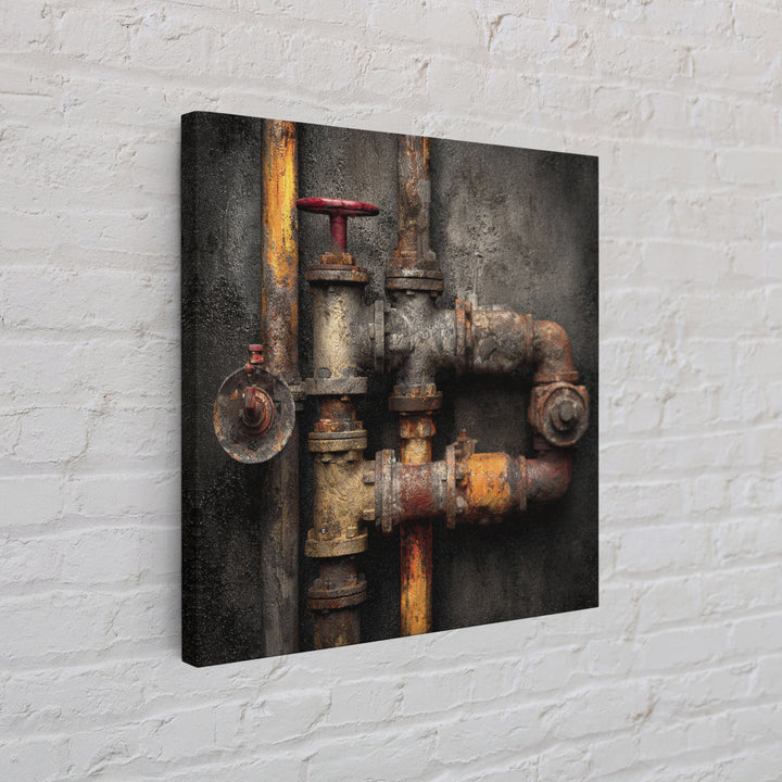 Metal Pipes and Valves as Graphic Composition Framed Canvas Print, Industrial Art, Wall Hanging, Living Room Decor, Foundry, IND-1x1-56