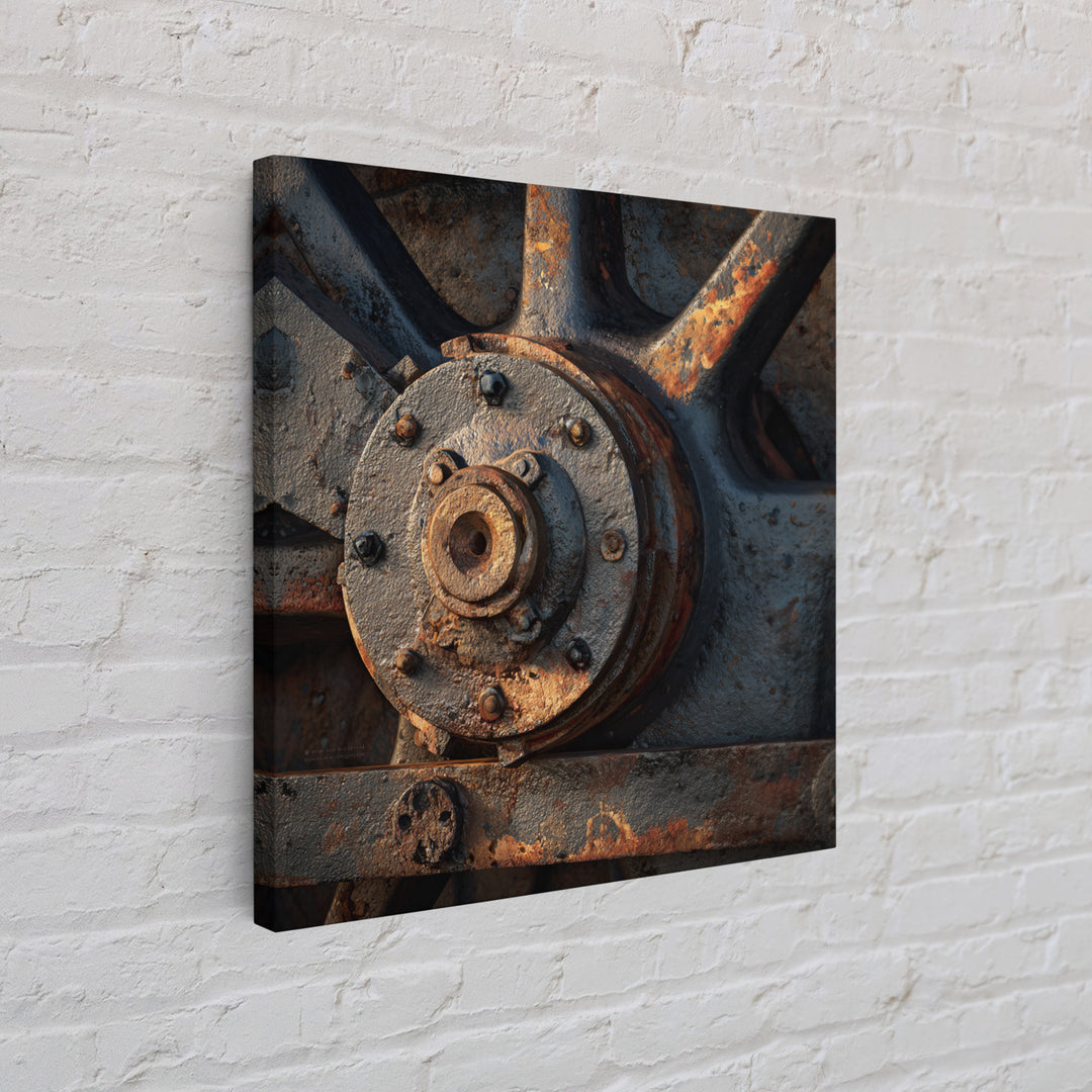 Steam Locomotive Wheel Closeup Framed Canvas Print, Industrial Art, Living Room Decor, Watercolor Art, Foundry, IND-1x1-6