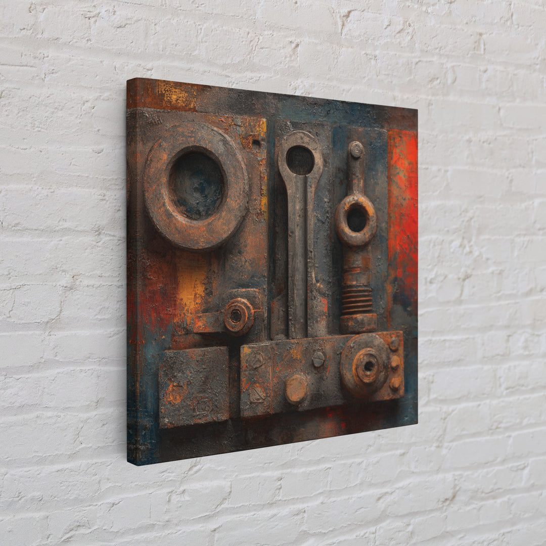 Brass Gauge and Machinery Still Life Framed Canvas Print, Industrial Art, Minimalist Decor, Living Room Decor, Oil Painting, IND-1x1-61