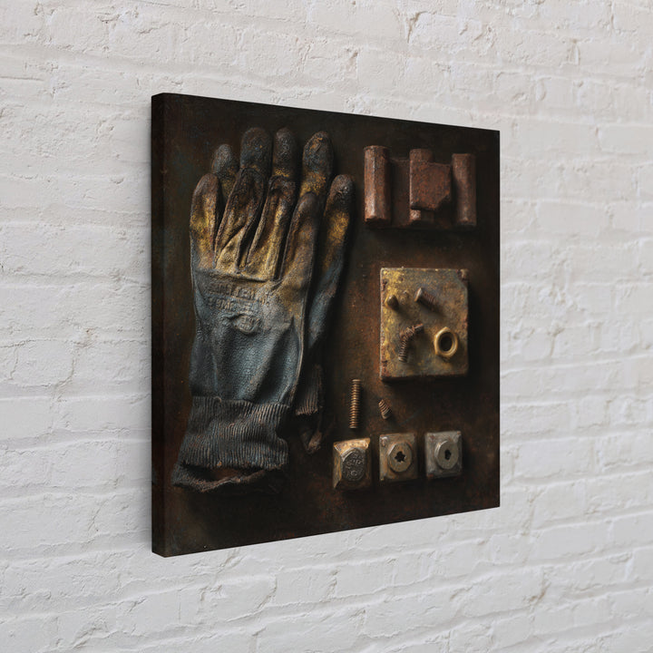 Worn Work Gloves and Bolts Arrangement Framed Canvas Print, Industrial Art, Texas Art, Living Room Decor, Abstract Art, Foundry, IND-1x1-66