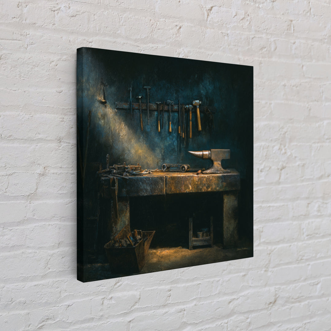 Blacksmith Tools on Dark Workbench Canvas Print, Industrial Art, Textured Painting, Living Room Decor, Oil Painting, Foundry, IND-1x1-82