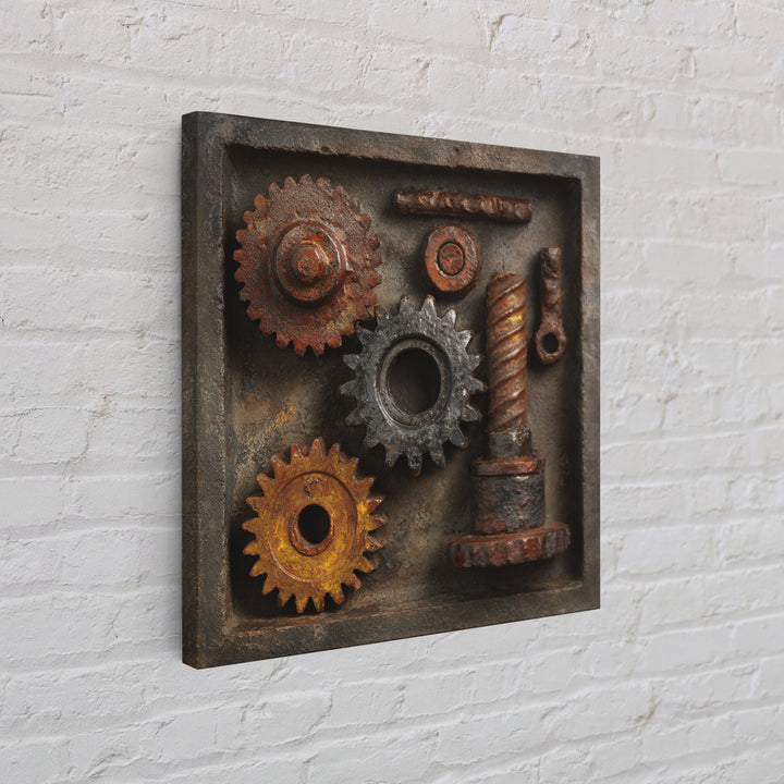 Rusted Gears Arranged as Sculptural Still Life Canvas Print, Industrial Art, Abstract Art, Living Room Decor, Oil Painting, IND-1x1-97