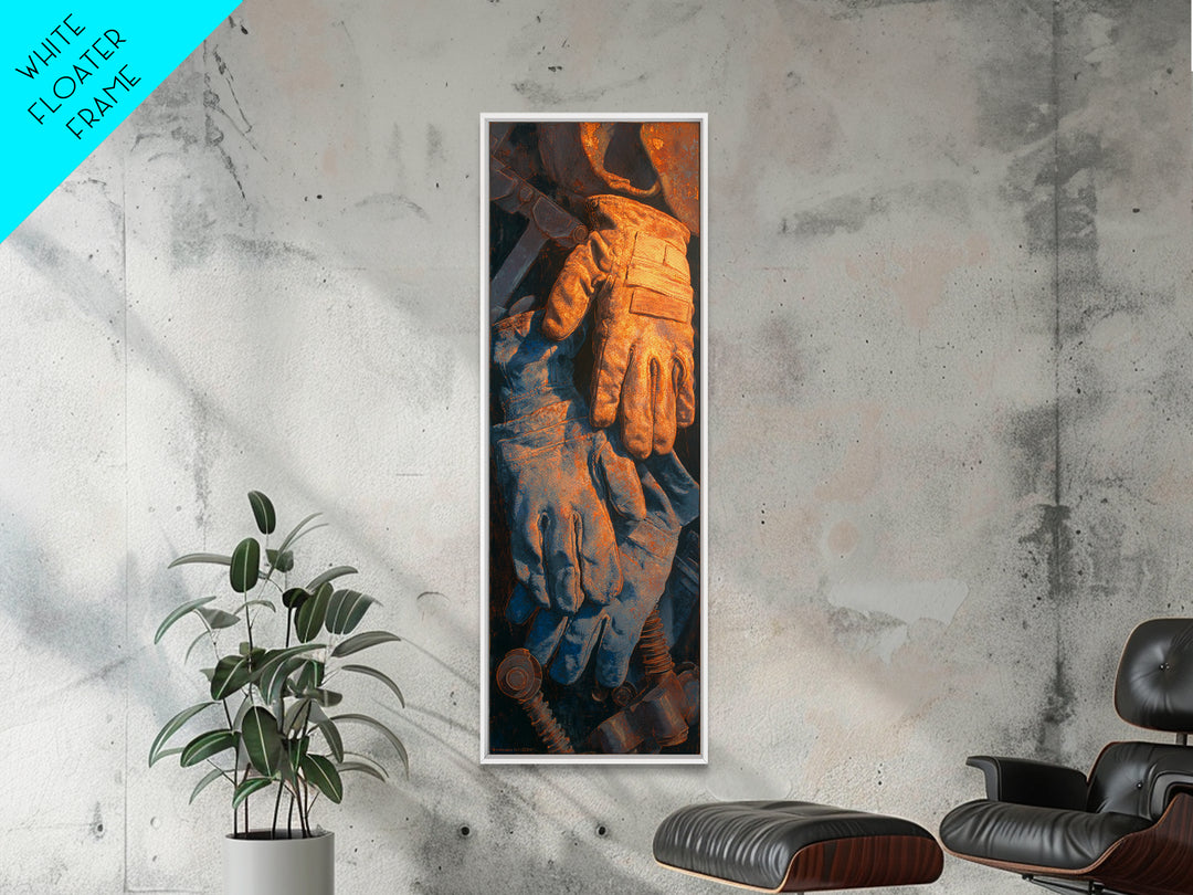 Worn Work Gloves and Bolts Arrangement Framed Canvas Print, Industrial Art, Fine Art Print, Living Room Decor, Oil Painting, IND-1x3-54