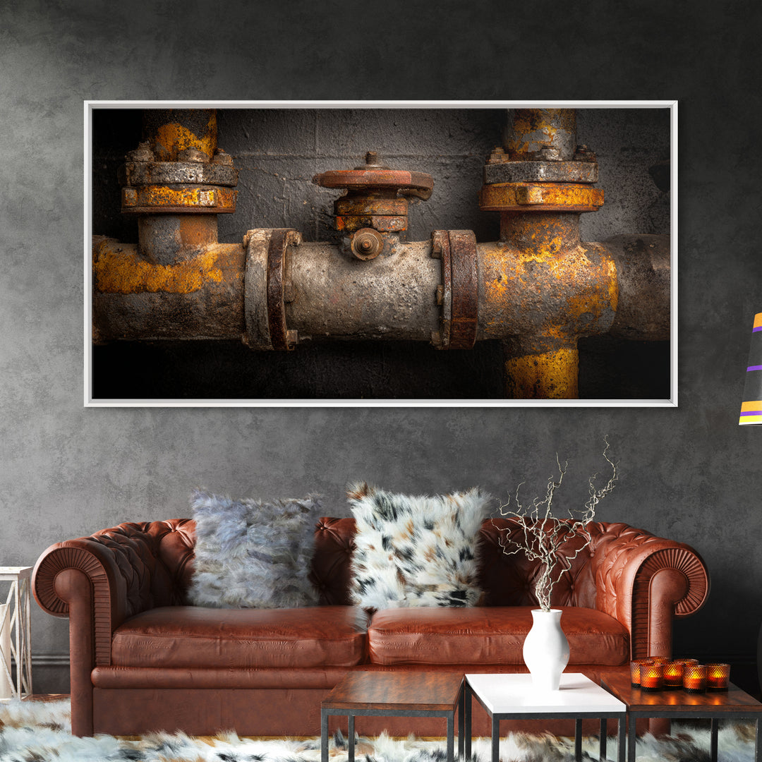 Metal Pipes and Valves as Graphic Composition Framed Canvas Print, Industrial Art, Living Room Art, Living Room Decor, Foundry, IND-2x1-100