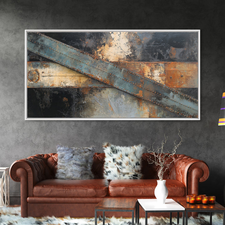 Steel Beams Crossing Like Abstract Lines Framed Canvas Print, Industrial Art, Wall Hanging, Living Room Decor, Abstract Art, IND-2x1-13