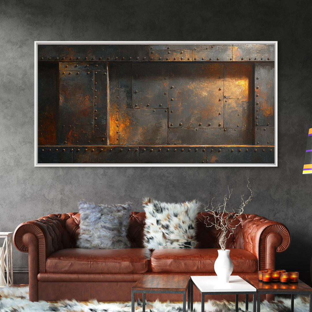 Riveted Metal Panel Texture Study Framed Canvas Print, Industrial Art, Wall Art, Living Room Decor, Fine Art, Foundry, IND-2x1-18