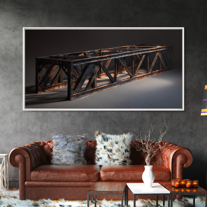 Steel Bridge Truss Framed Canvas Print, Industrial Art, Wall Hanging, Living Room Decor, Watercolor Art, Foundry, IND-2x1-23
