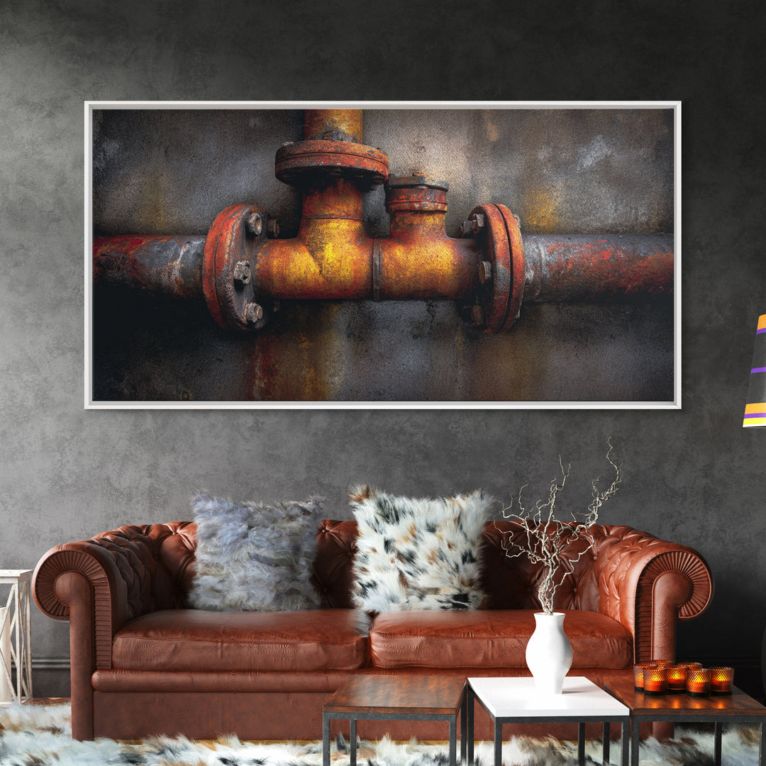 Metal Pipes and Valves as Graphic Composition Framed Canvas Print, Industrial Art, Wall Art, Living Room Decor, Foundry, IND-2x1-28