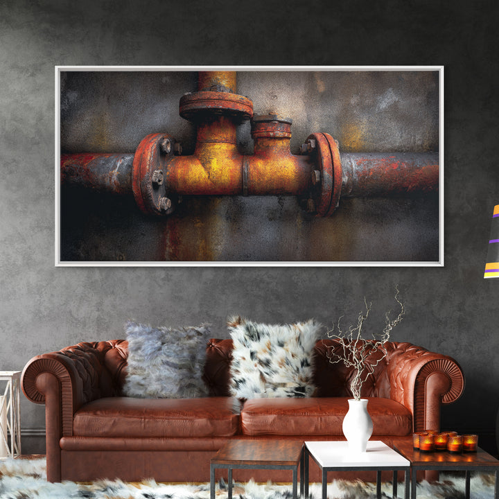 Metal Pipes and Valves as Graphic Composition Framed Canvas Print, Industrial Art, Wall Art, Living Room Decor, Foundry, IND-2x1-28