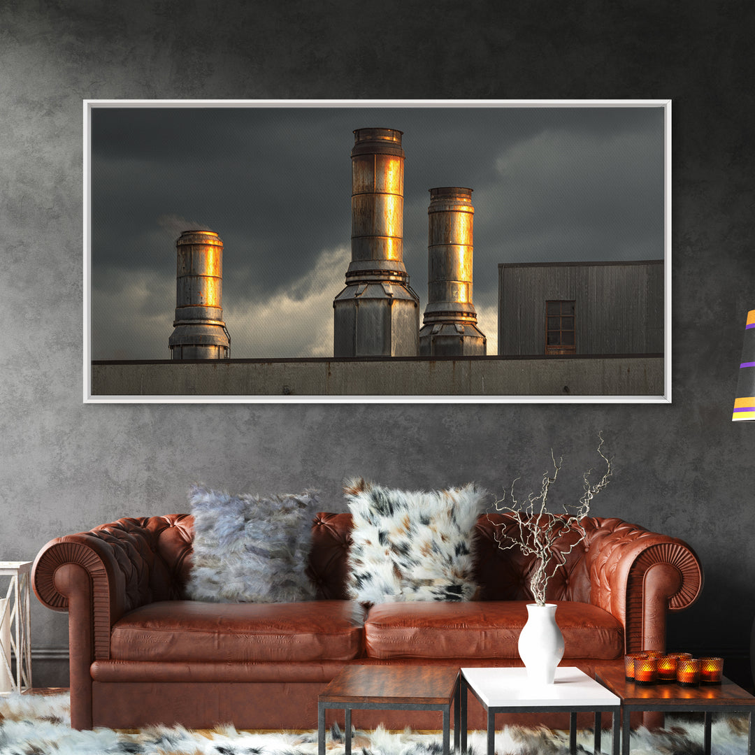 Factory Smokestacks with Moody Sky Canvas Print, Industrial Art, Abstract Art, Living Room Decor, Foundry, Bauhaus Poster, IND-2x1-31