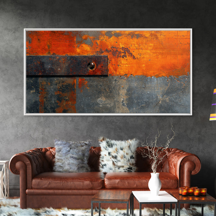 Rust Orange and Charcoal Geometric Abstraction Framed Canvas Print, Industrial Art, Living Room Decor, Abstract Art, Foundry, IND-2x1-34