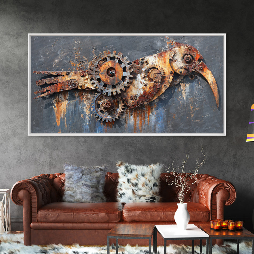Mechanical Bird Made from Gears Canvas Print, Industrial Art, Original Painting, Living Room Decor, Oil Painting, Foundry, IND-2x1-39