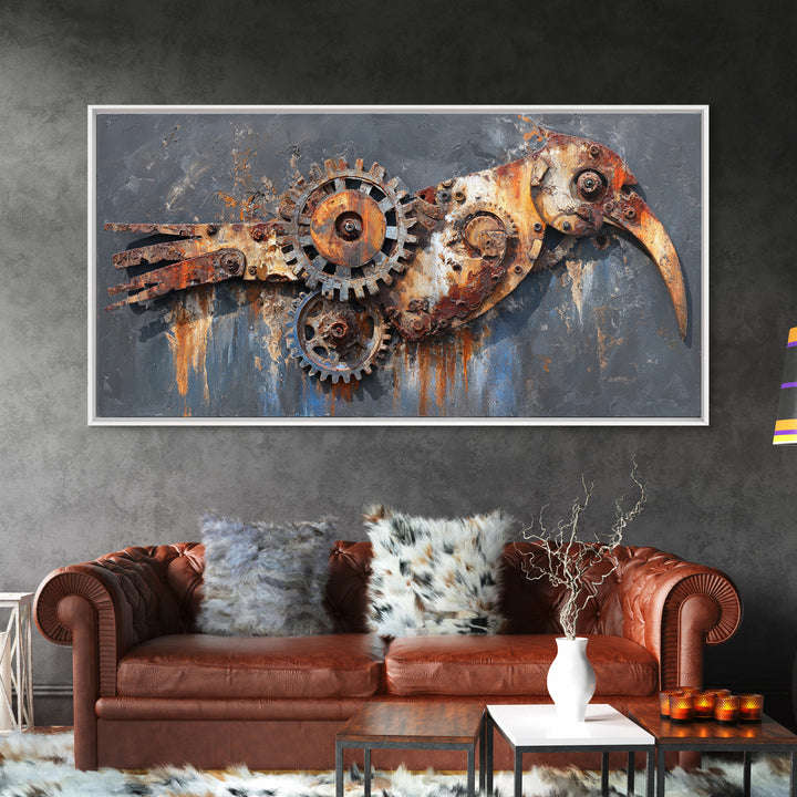 Mechanical Bird Made from Gears Canvas Print, Industrial Art, Original Painting, Living Room Decor, Oil Painting, Foundry, IND-2x1-39