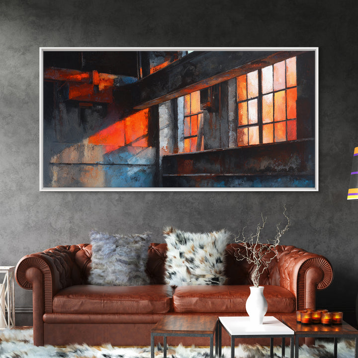 Old Factory Window Framed Canvas Print, Industrial Art, Art Prints, Living Room Decor, Fine Art, Foundry, Abstract Painting, IND-2x1-46