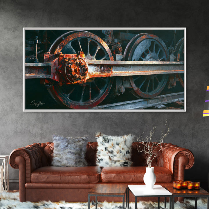 Steam Locomotive Wheel Closeup Framed Canvas Print, Industrial Art, Art Print, Living Room Decor, Fine Art, Foundry, Modern Art, IND-2x1-50