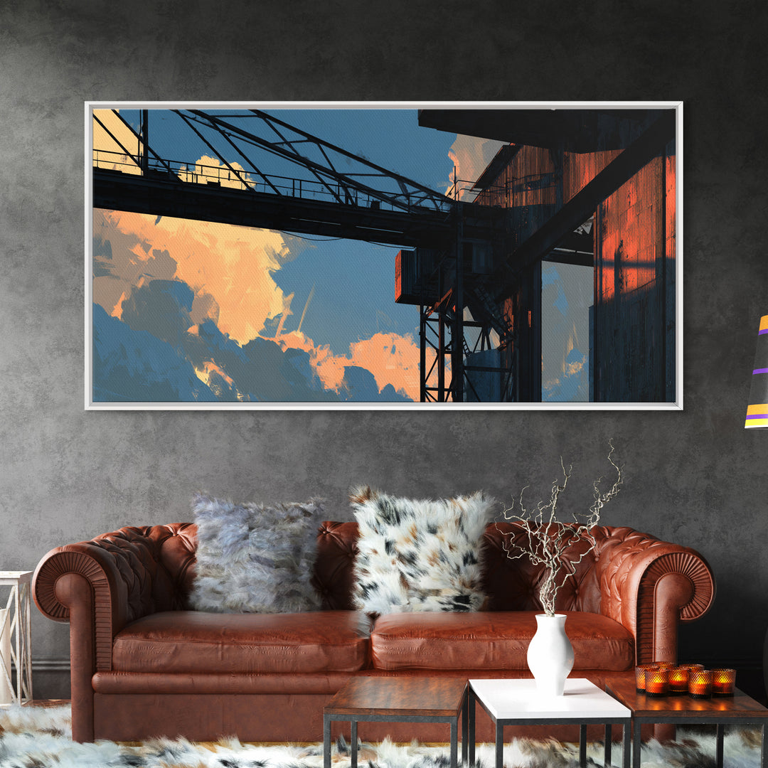 Warehouse Crane Silhouette Framed Canvas Print, Industrial Art, Metal Art, Living Room Decor, Watercolor Art, Foundry, IND-2x1-51