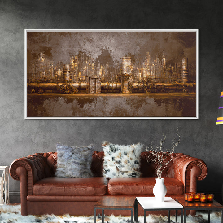 Industrial City Skyline Framed Canvas Print, Industrial Art, Living Room Decor, Abstract Art, Foundry, Abstract Painting, IND-2x1-56