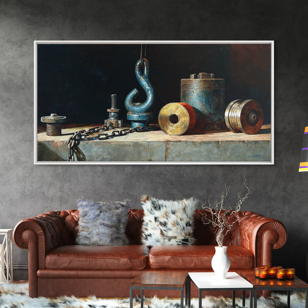 Chain and Hook Still Life Framed Canvas Print, Industrial Art, Art Print, Living Room Decor, Oil Painting, Foundry, Modern Art, IND-2x1-60