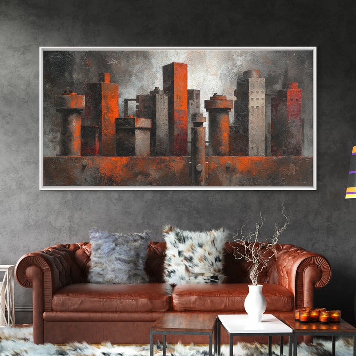 Industrial City Skyline Framed Canvas Print, Industrial Art, Luxury Decor, Living Room Decor, Abstract Art, Foundry, Art Print, IND-2x1-8