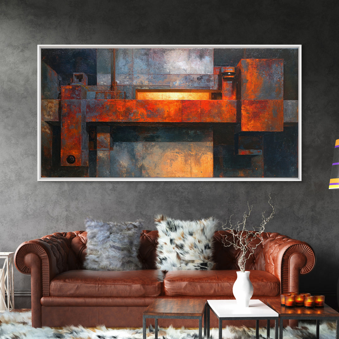Rust Orange and Charcoal Geometric Abstraction Canvas Print, Industrial Art, Living Room Decor, Abstract Art, Foundry, IND-2x1-82