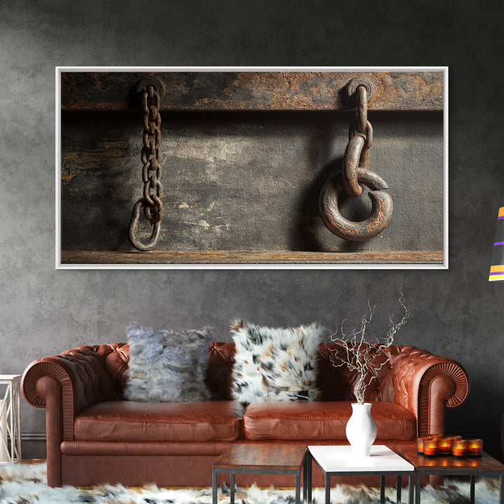 Chain and Hook Still Life Framed Canvas Print, Industrial Art, Abstract Painting, Living Room Decor, Fine Art, Foundry, IND-2x1-84