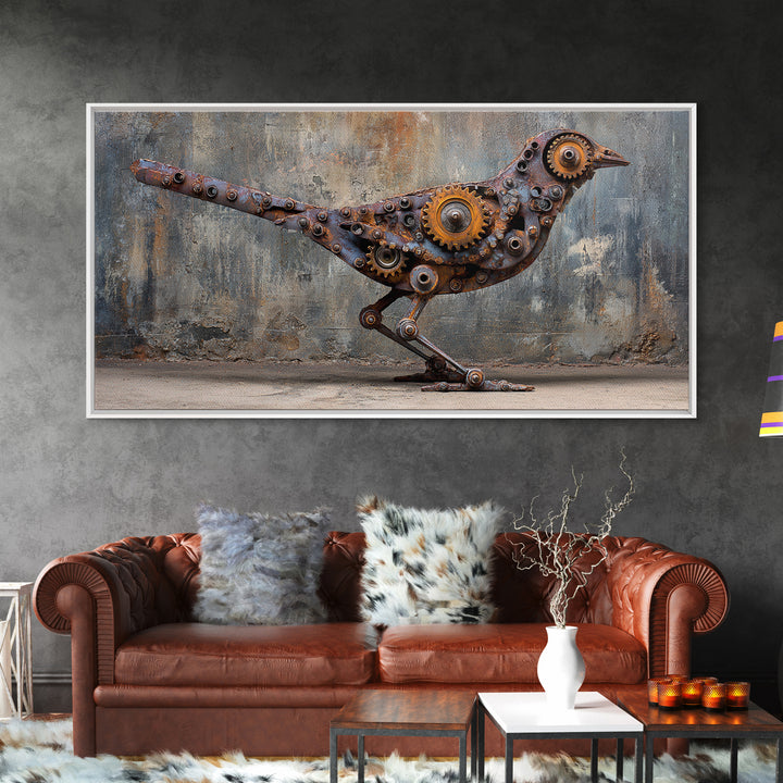 Mechanical Bird Made from Gears Framed Canvas Print, Industrial Art, Contemporary Art, Living Room Decor, Fine Art, Foundry, IND-2x1-87