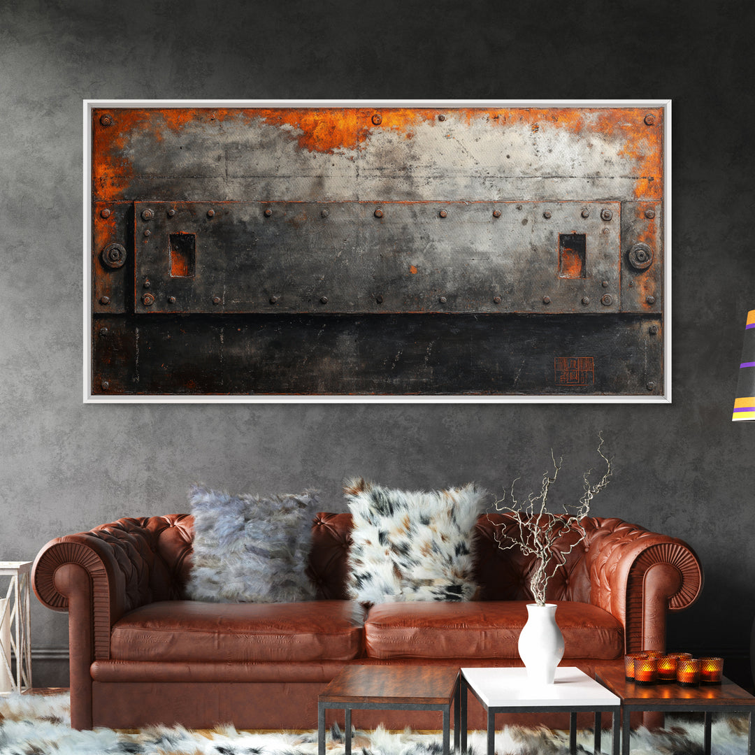 Riveted Metal Panel Texture Study Framed Canvas Print, Industrial Art, Wall Hanging, Living Room Decor, Oil Painting, Foundry, IND-2x1-90