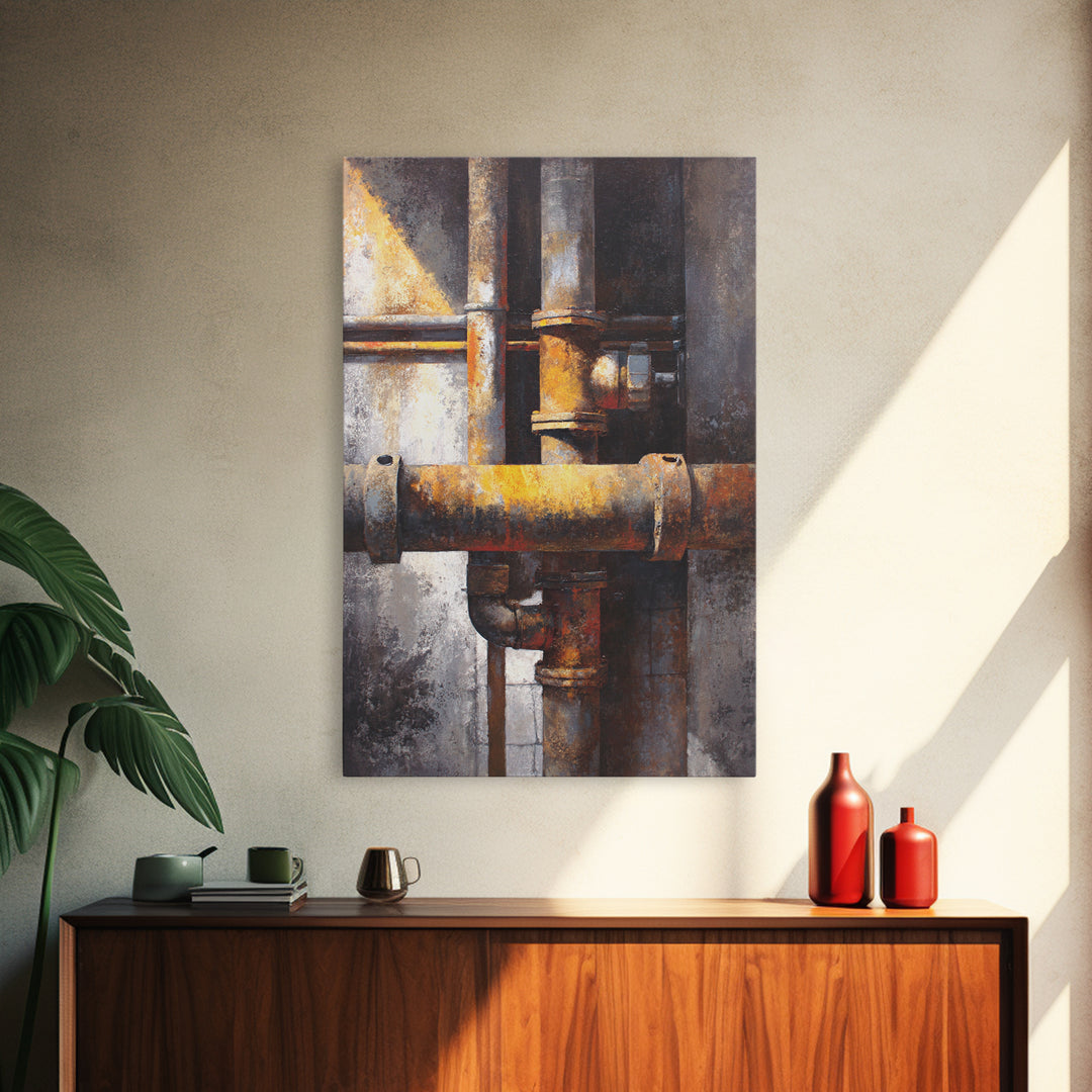 Metal Pipes and Valves as Graphic Composition Canvas Print, Industrial Art, Textured Painting, Living Room Decor, Foundry, IND-2x3-16