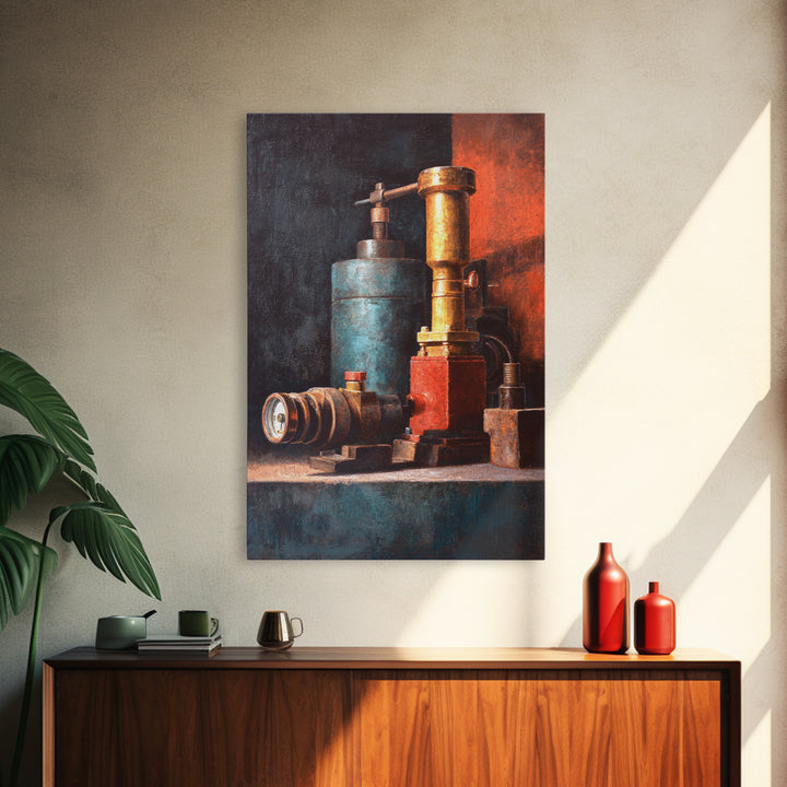 Brass Gauge and Machinery Still Life Framed Canvas Print, Industrial Art, Textured Wall Art, Living Room Decor, Oil Painting, IND-2x3-21