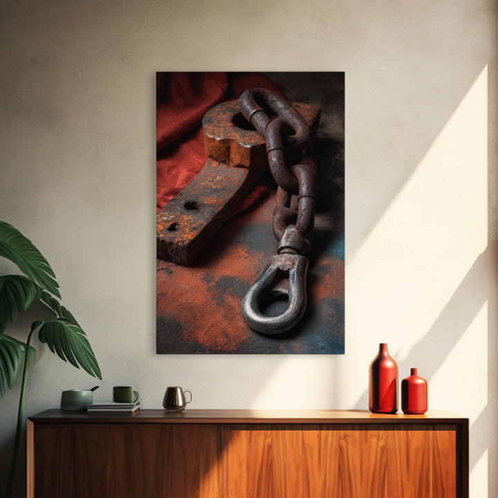 Chain and Hook Still Life Framed Canvas Print, Industrial Art, Minimalist Decor, Living Room Decor, Fine Art, Foundry, IND-2x3-24