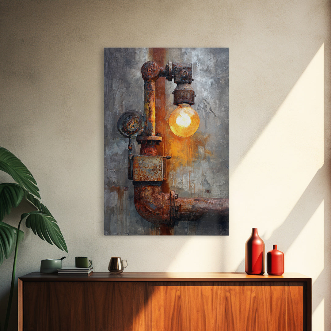 Industrial Lamp with Warm Glow Canvas Print, Industrial Art, Abstract Art, Living Room Decor, Fine Art, Foundry, Bauhaus Poster, IND-2x3-31
