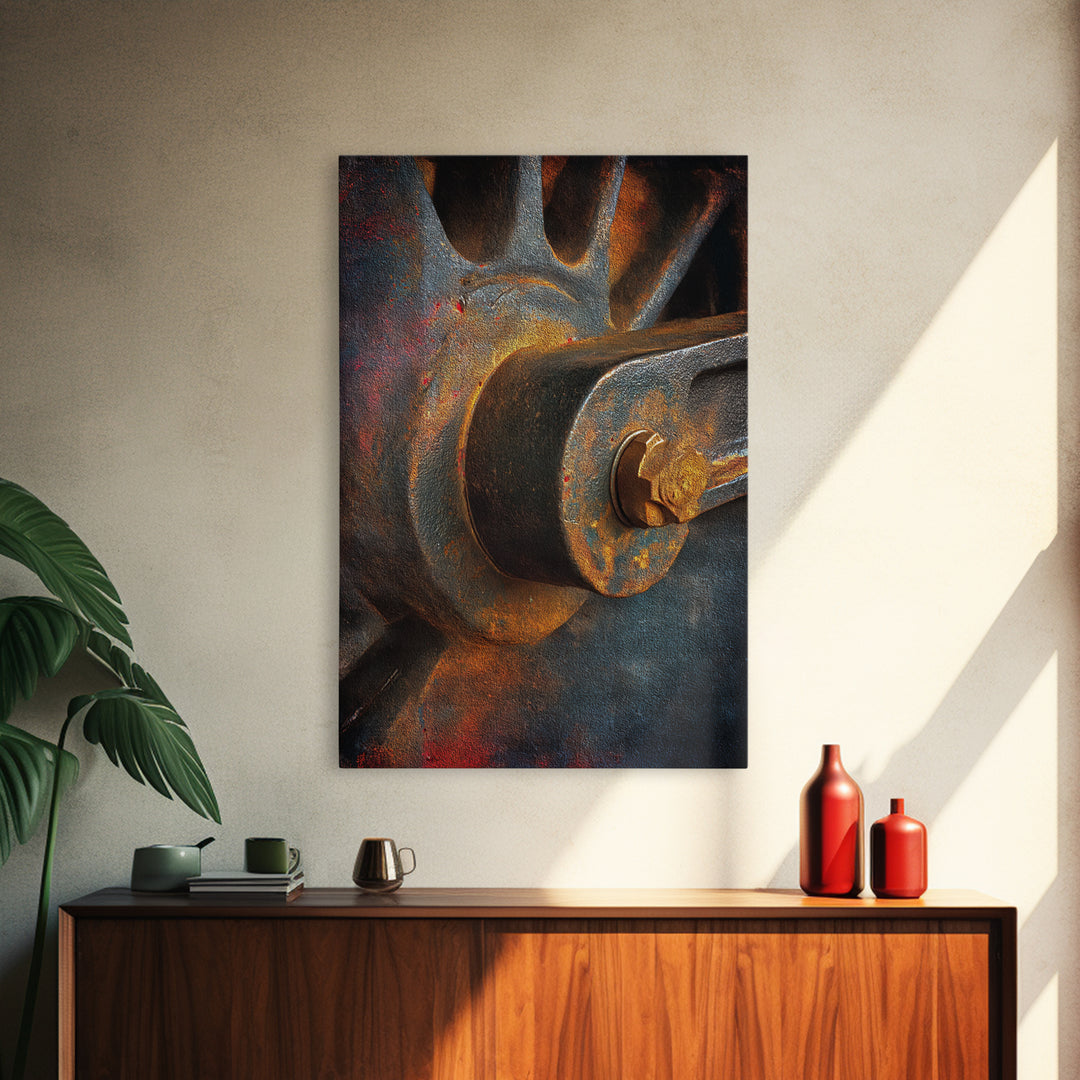 Steam Locomotive Wheel Closeup Framed Canvas Print, Industrial Art, Wall Hanging, Living Room Decor, Fine Art, Foundry, IND-2x3-38