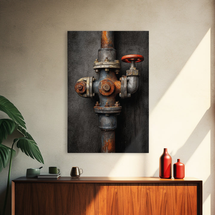 Metal Pipes and Valves as Graphic Composition Canvas Print, Industrial Art, Printables, Living Room Decor, Fine Art, Foundry, IND-2x3-40