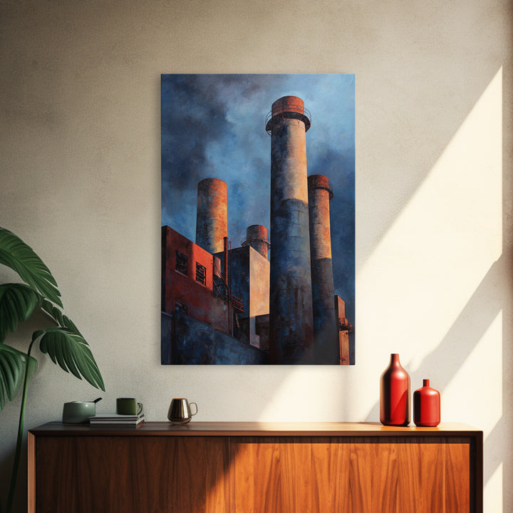 Factory Smokestacks with Moody Sky Framed Canvas Print, Industrial Art, Large Art, Living Room Decor, Fine Art, Foundry, IND-2x3-43