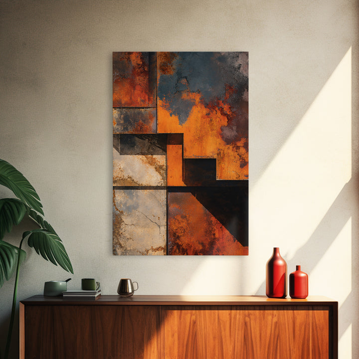 Rust Orange and Charcoal Geometric Abstraction Framed Canvas Print, Industrial Art, Art Print, Living Room Decor, Foundry, IND-2x3-46