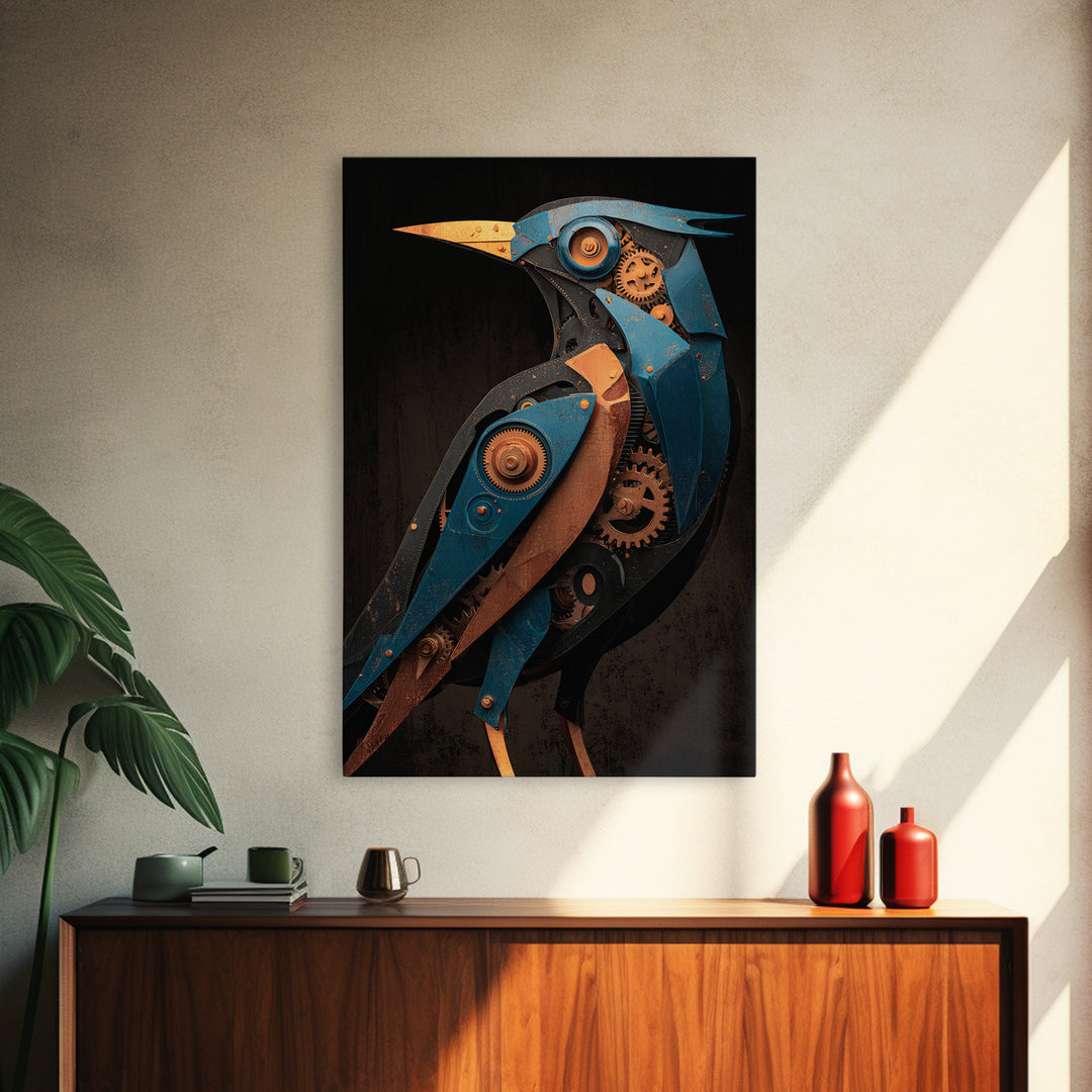 Mechanical Bird Made from Gears Framed Canvas Print, Industrial Art, Metal Art, Living Room Decor, Oil Painting, Foundry, IND-2x3-51