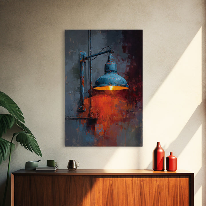 Industrial Lamp with Warm Glow Framed Canvas Print, Industrial Art, Abstract Painting, Living Room Decor, Fine Art, Foundry, IND-2x3-55