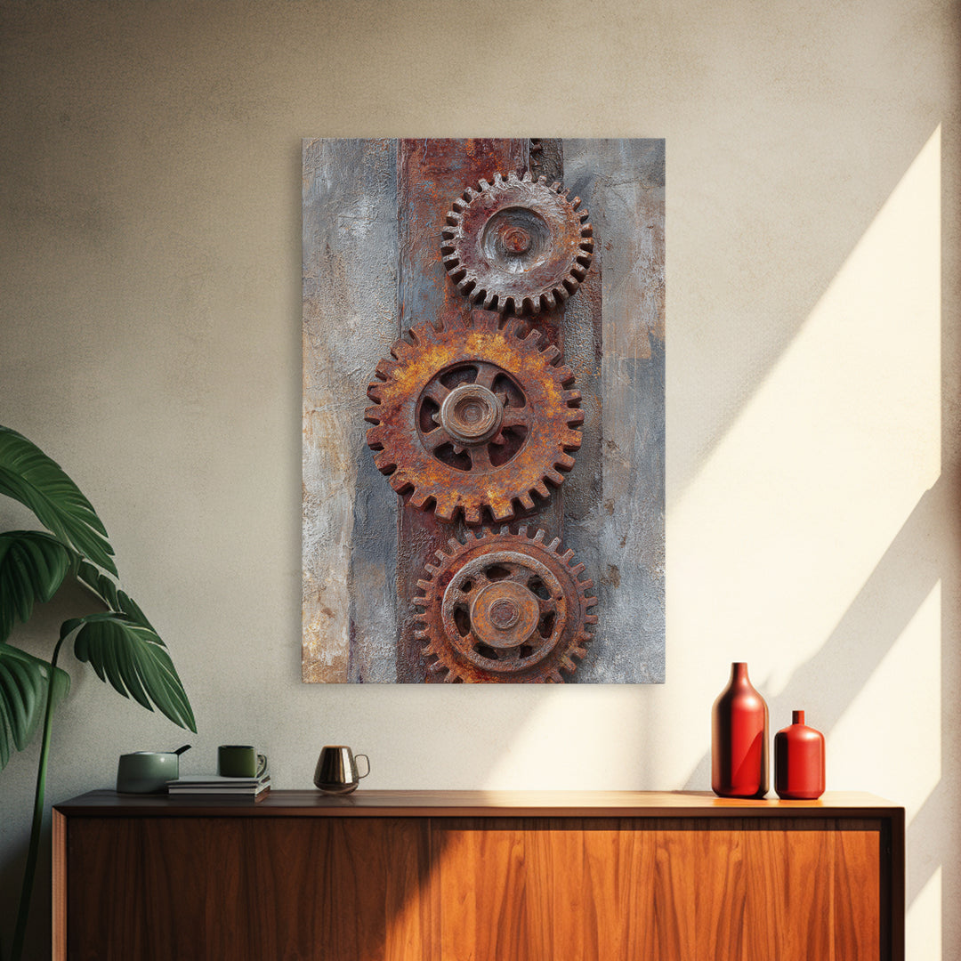 Rusted Gears Arranged as Sculptural Still Life Canvas Print, Industrial Art, Black and White Art, Living Room Decor, Foundry, IND-2x3-57