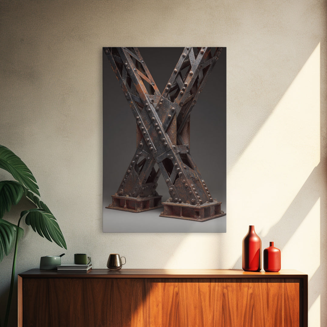 Steel Bridge Truss Framed Canvas Print, Industrial Art, Bauhaus Poster, Living Room Decor, Oil Painting, Foundry, IND-2x3-59